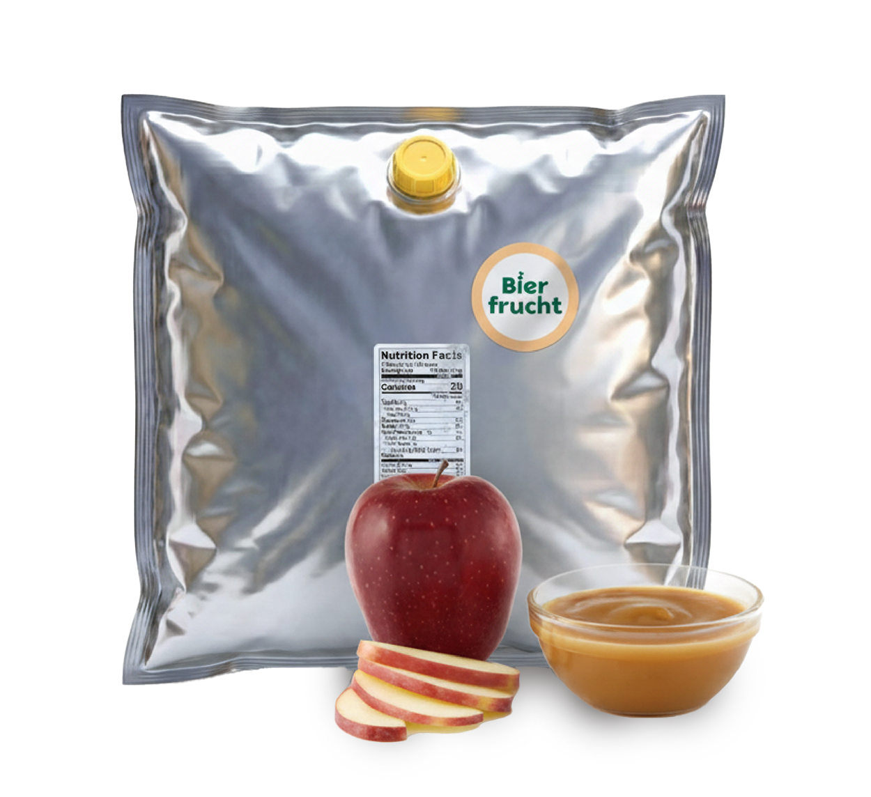 Apple aseptic fruit puree in 44 lb packaging for breweries, hard seltzers, beverages, ice cream, sauces, desserts, and food manufacturing applications