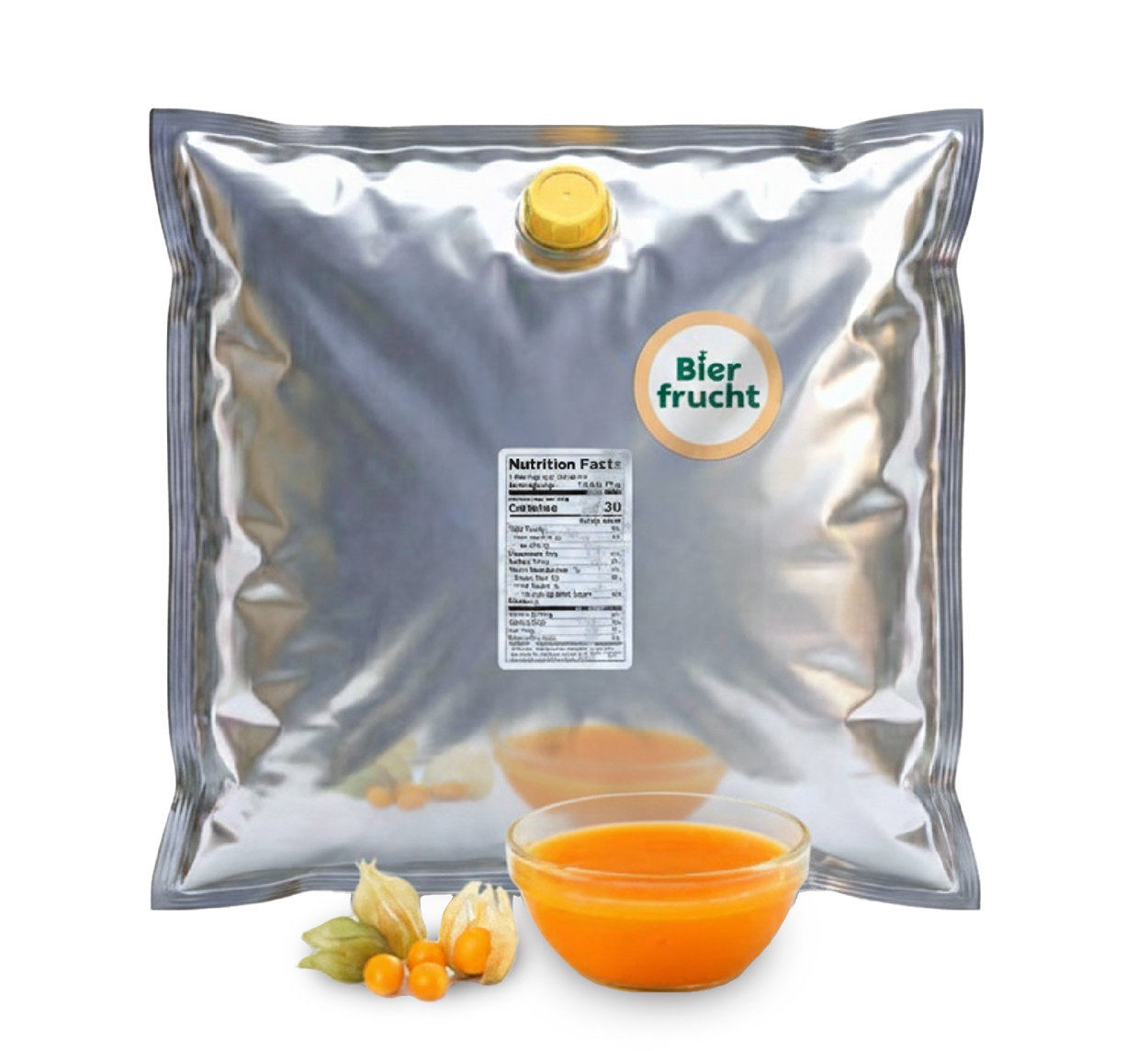 Goldenberry aseptic fruit puree in 44 lb packaging for breweries, hard seltzers, beverages, ice cream, sauces, desserts, and food manufacturing applications