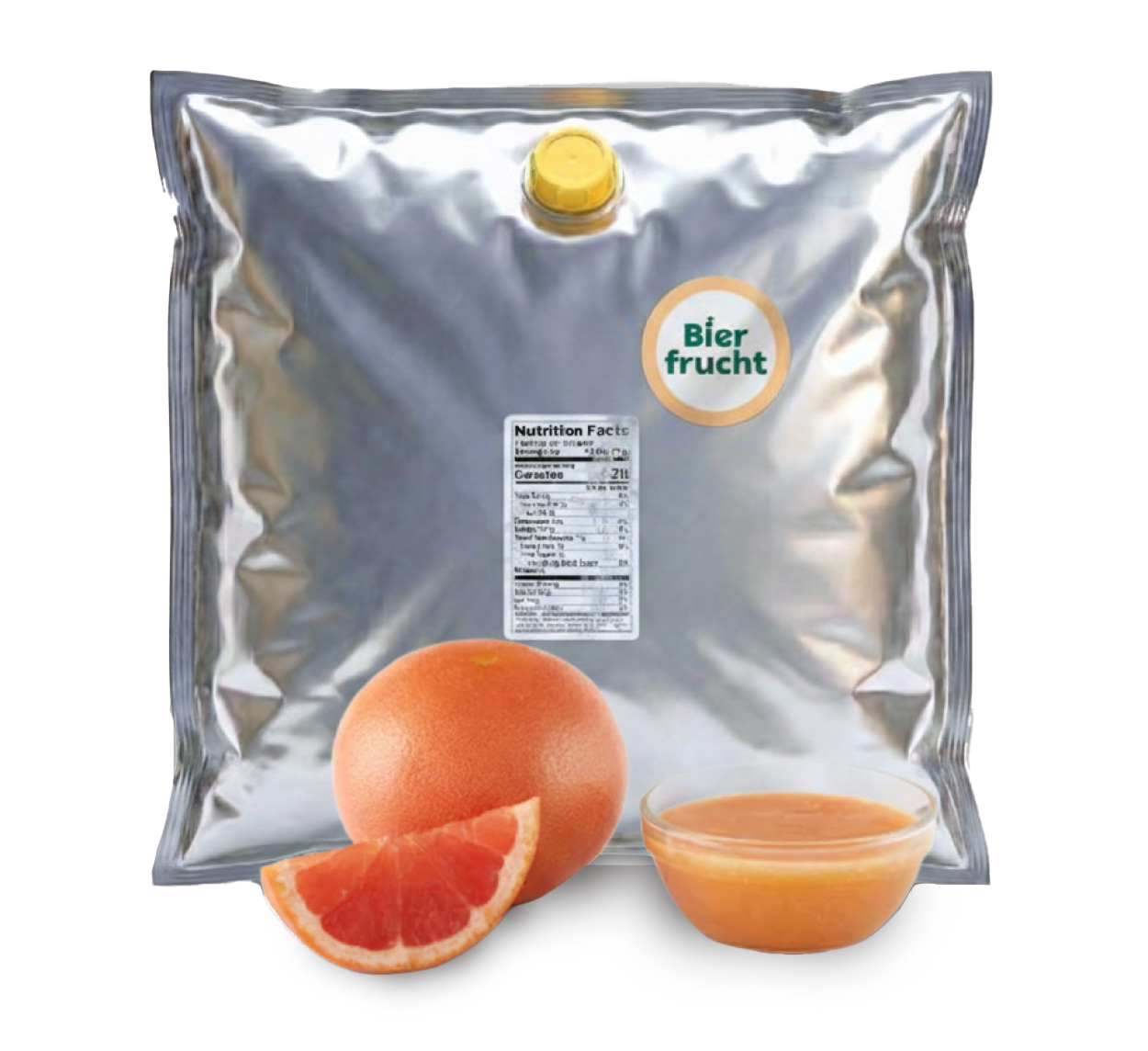 Graprefruit aseptic fruit puree in 44 lb packaging for breweries, hard seltzers, beverages, ice cream, sauces, desserts, and food manufacturing applications