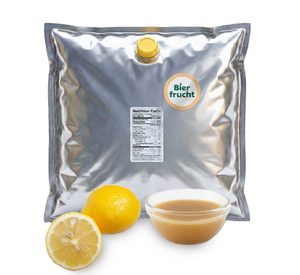 Lemon aseptic fruit puree in 44 lb packaging for breweries, hard seltzers, beverages, ice cream, sauces, desserts, and food manufacturing applications