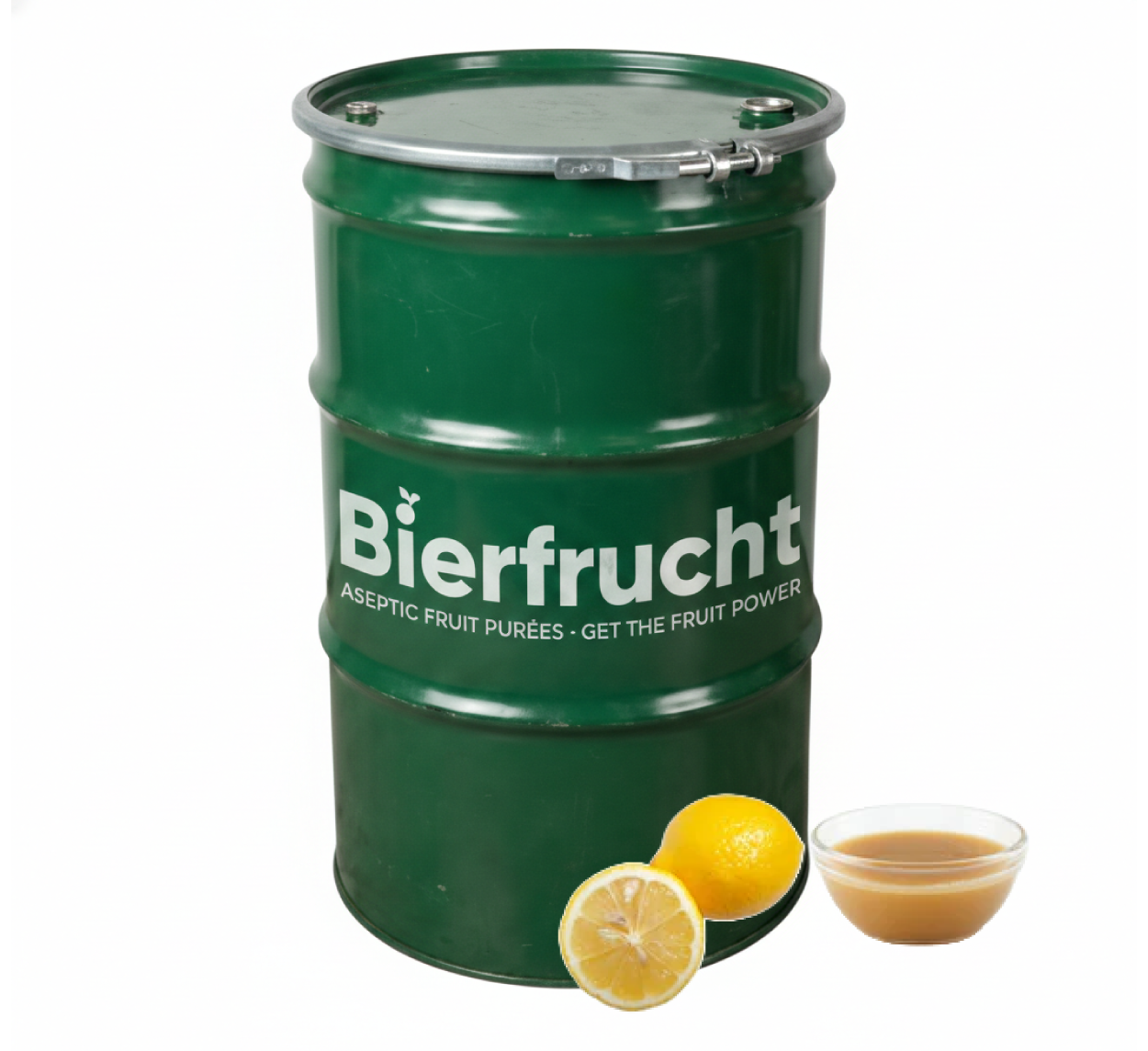 Lemon aseptic fruit puree in 485 lb packaging for breweries, hard seltzers, beverages, ice cream, sauces, desserts, and food manufacturing applications