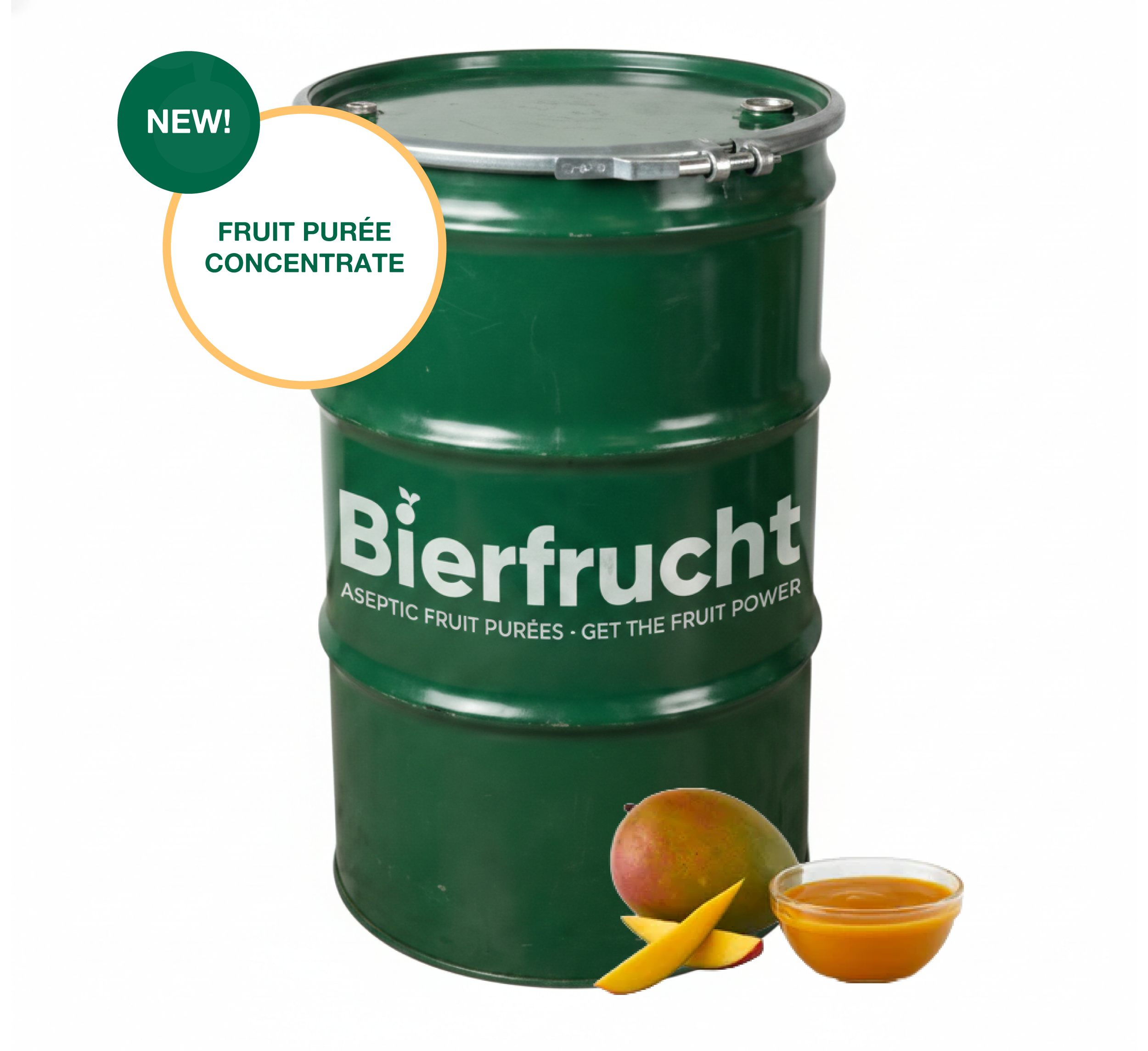 Mango Aseptic Puree Concentrate aseptic fruit puree in 485 lb packaging for breweries, hard seltzers, beverages, ice cream, sauces, desserts, and food manufacturing applications