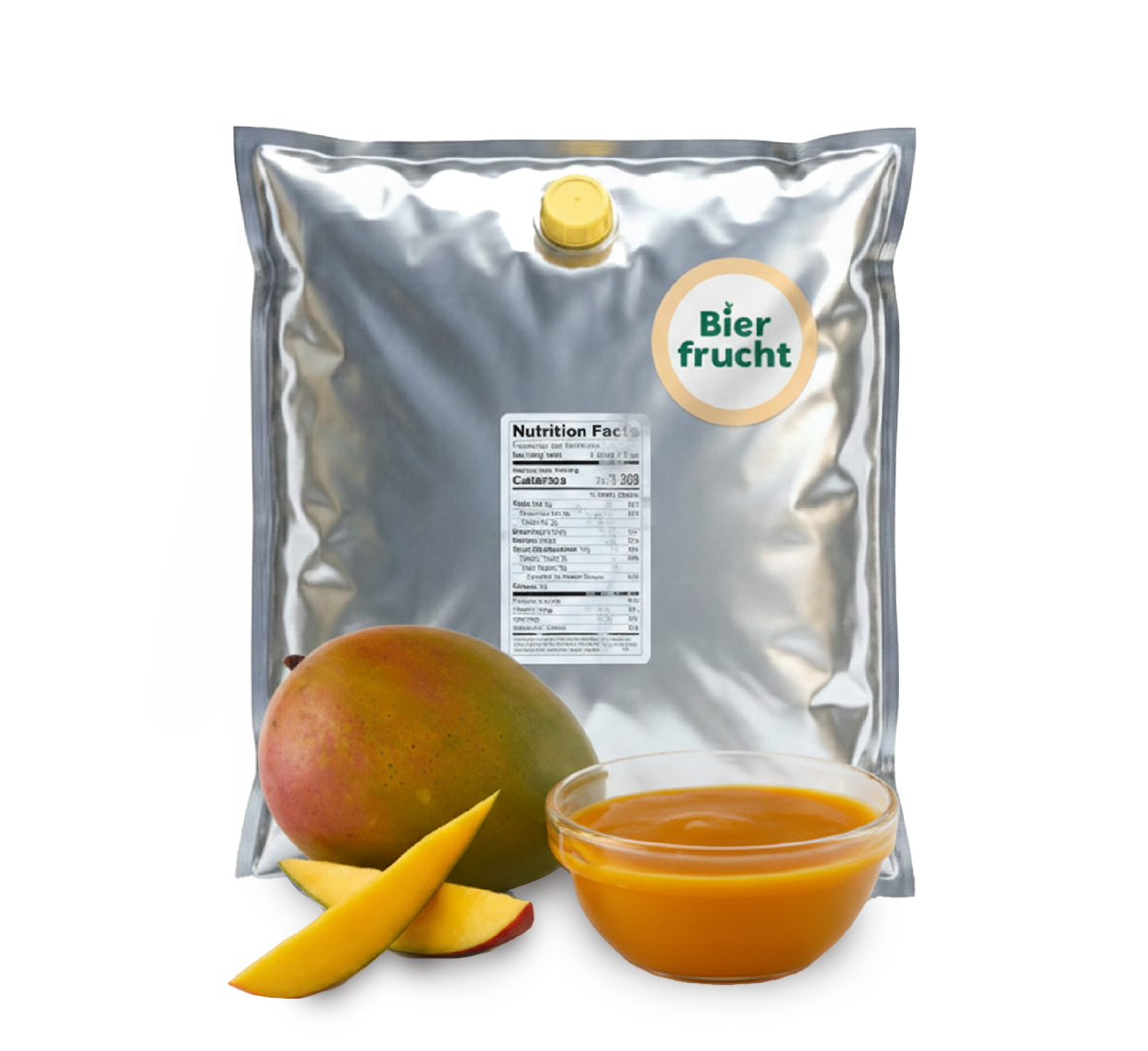 Mango aseptic fruit puree in 11 lb packaging for breweries, hard seltzers, beverages, ice cream, sauces, desserts, and food manufacturing applications