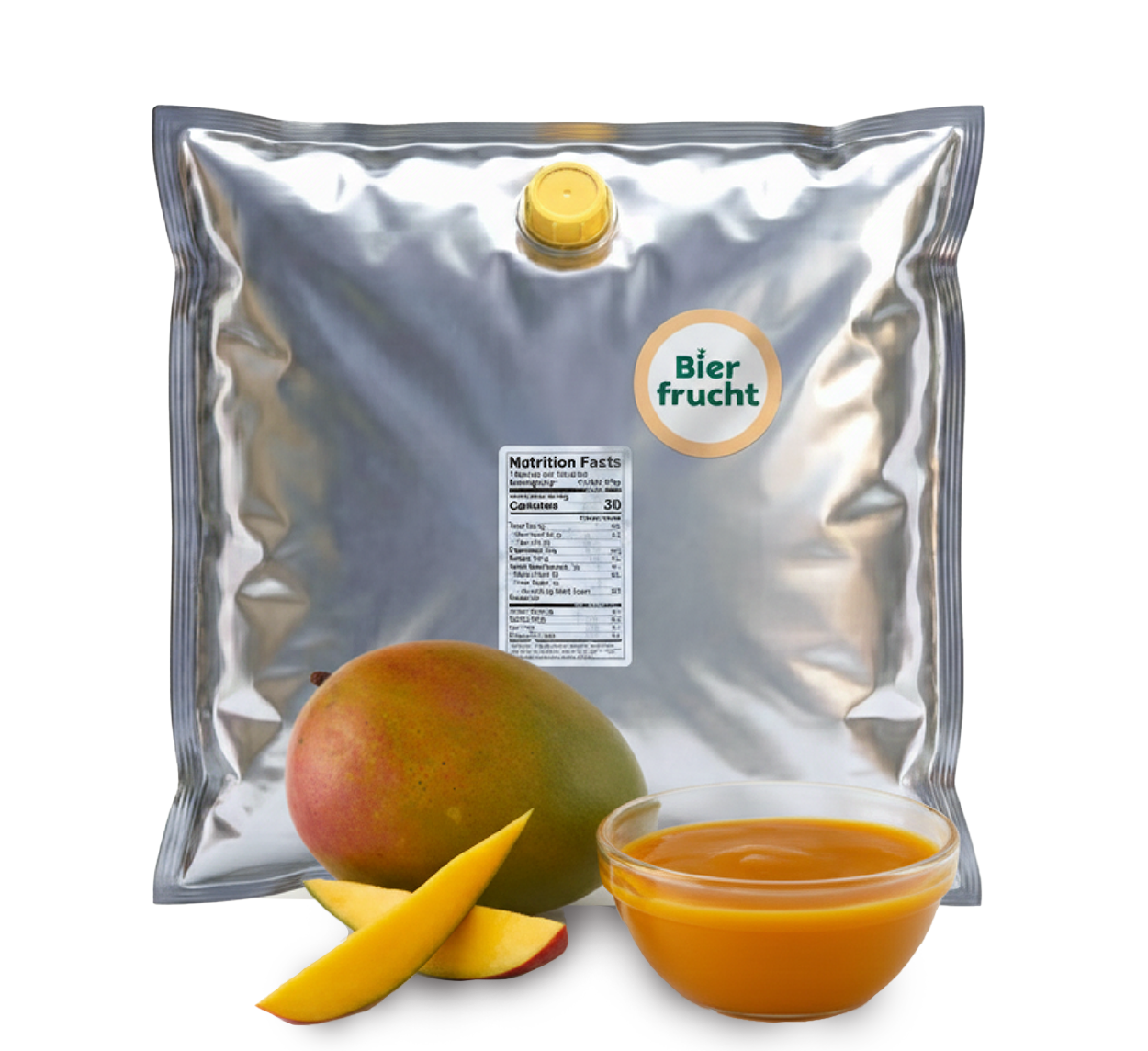 Mango aseptic fruit puree in 44 lb packaging for breweries, hard seltzers, beverages, ice cream, sauces, desserts, and food manufacturing applications