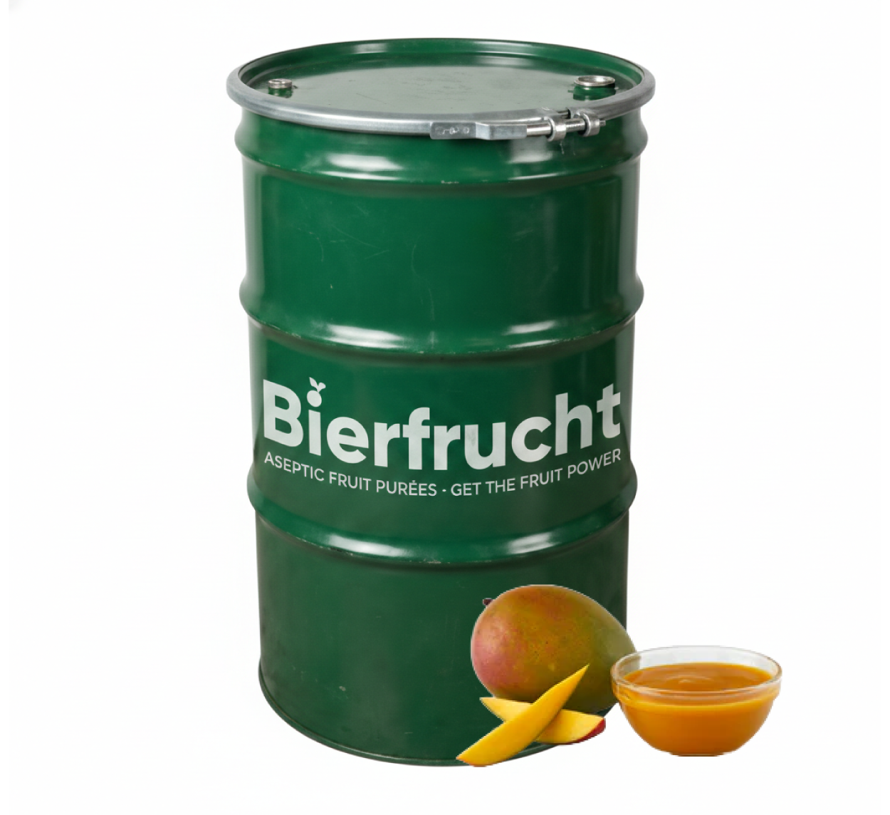 Mango aseptic fruit puree in 485 lb packaging for breweries, hard seltzers, beverages, ice cream, sauces, desserts, and food manufacturing applications