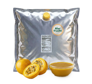 Passion fruit aseptic fruit puree in 44 lb packaging for breweries, hard seltzers, beverages, ice cream, sauces, desserts, and food manufacturing applications