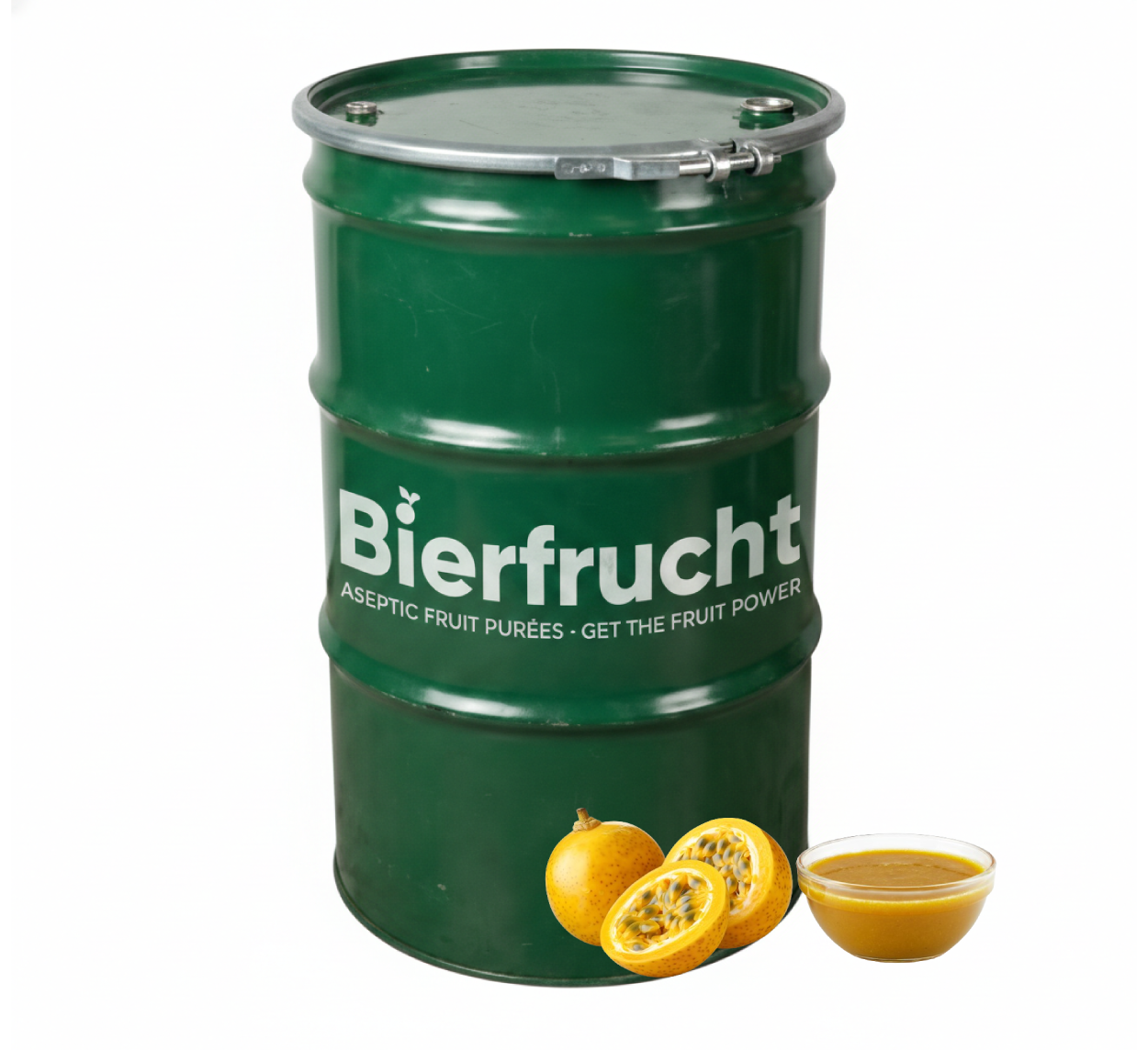 Passion fruit aseptic fruit puree in 485 lb packaging for breweries, hard seltzers, beverages, ice cream, sauces, desserts, and food manufacturing applications