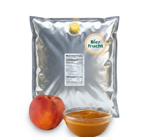 Peach aseptic fruit puree in 11 lb packaging for breweries, hard seltzers, beverages, ice cream, sauces, desserts, and food manufacturing applications