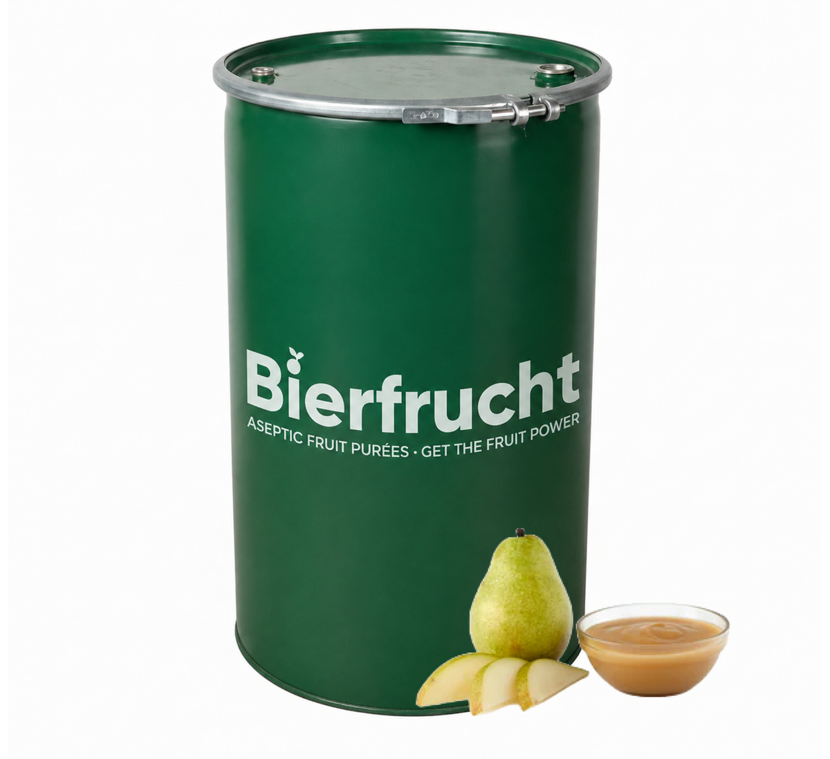 Pear aseptic fruit puree in 485 lb packaging for breweries, hard seltzers, beverages, ice cream, sauces, desserts, and food manufacturing applications