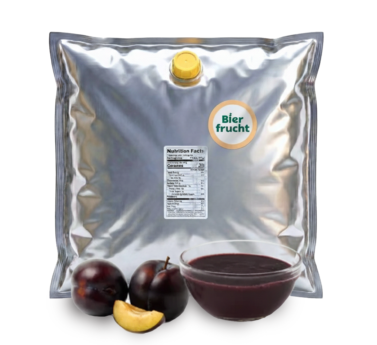 Plum aseptic fruit puree in 44 lb packaging for breweries, hard seltzers, beverages, ice cream, sauces, desserts, and food manufacturing applications