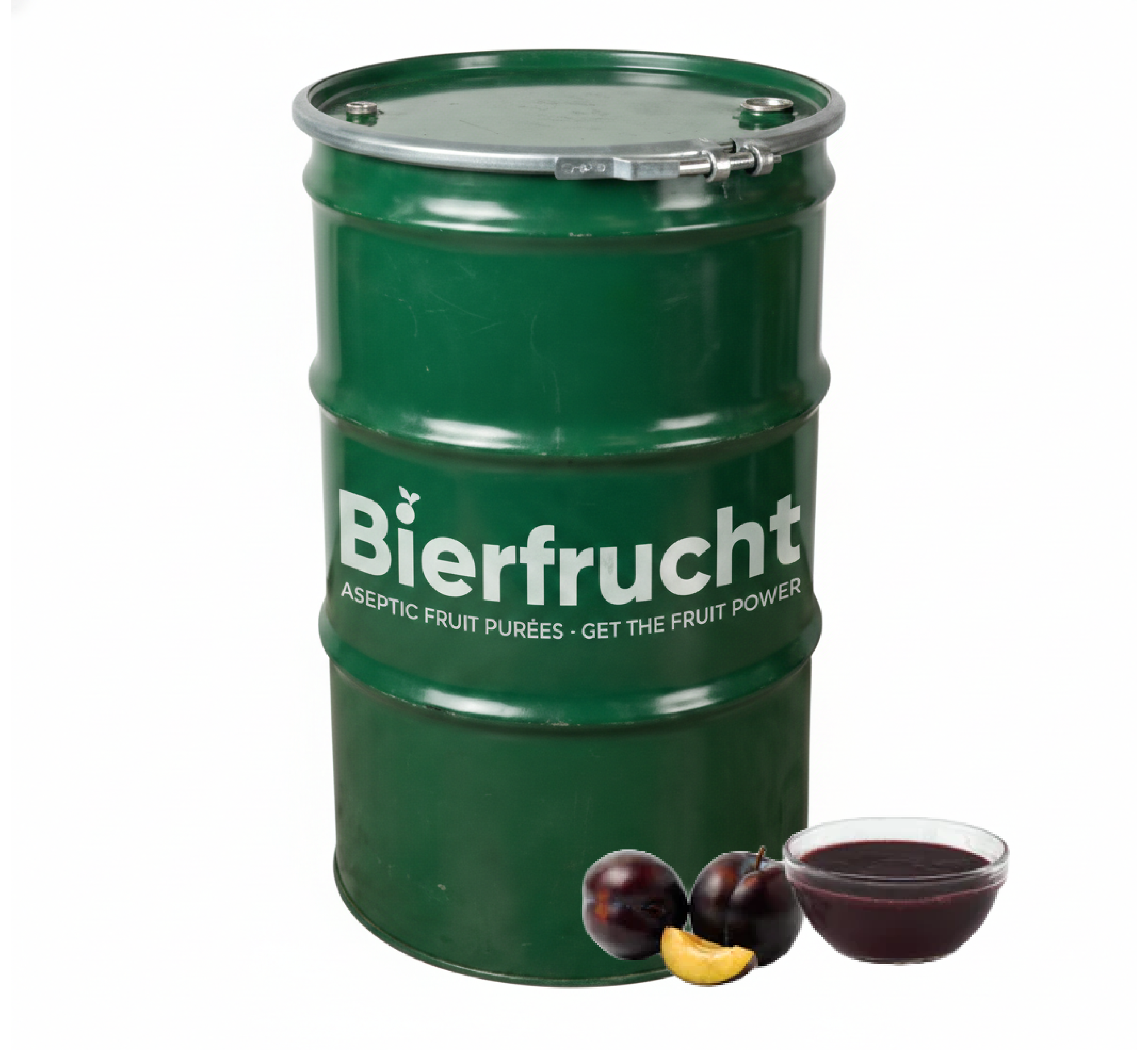 Plum aseptic fruit puree in 485 lb packaging for breweries, hard seltzers, beverages, ice cream, sauces, desserts, and food manufacturing applications