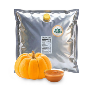 Pumpkin aseptic fruit puree in 44 lb packaging for breweries, hard seltzers, beverages, ice cream, sauces, desserts, and food manufacturing applications