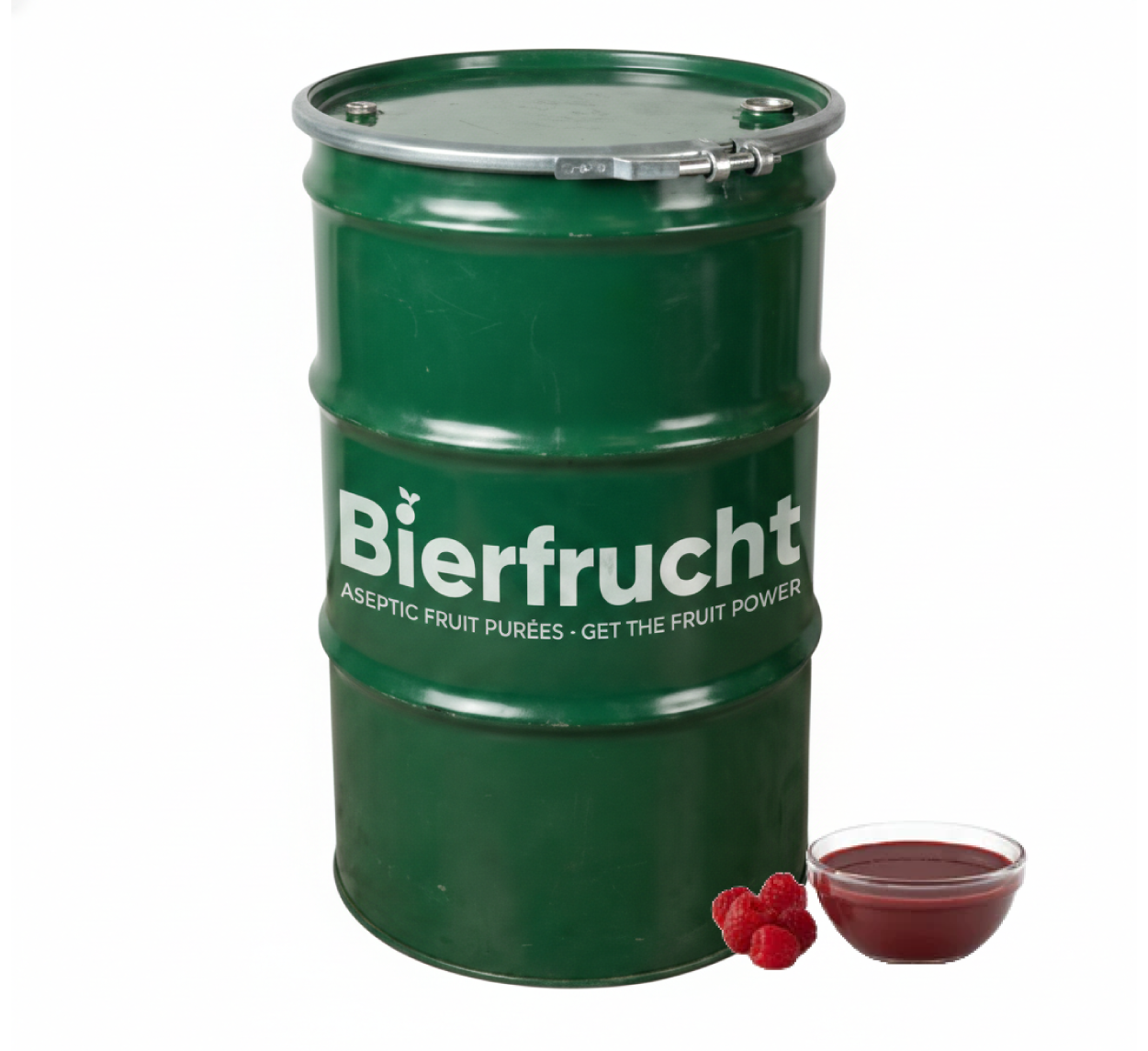 Raspberry aseptic fruit puree in 485 lb packaging for breweries, hard seltzers, beverages, ice cream, sauces, desserts, and food manufacturing applications