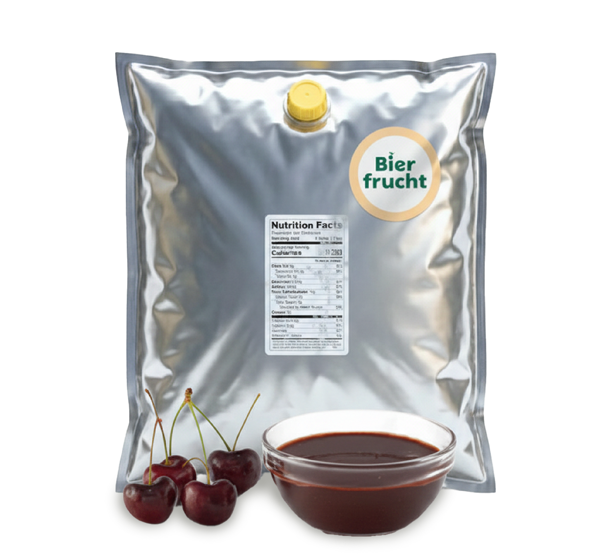 Sweet Cherry aseptic fruit puree in 11 lb packaging for breweries, hard seltzers, beverages, ice cream, sauces, desserts, and food manufacturing applications