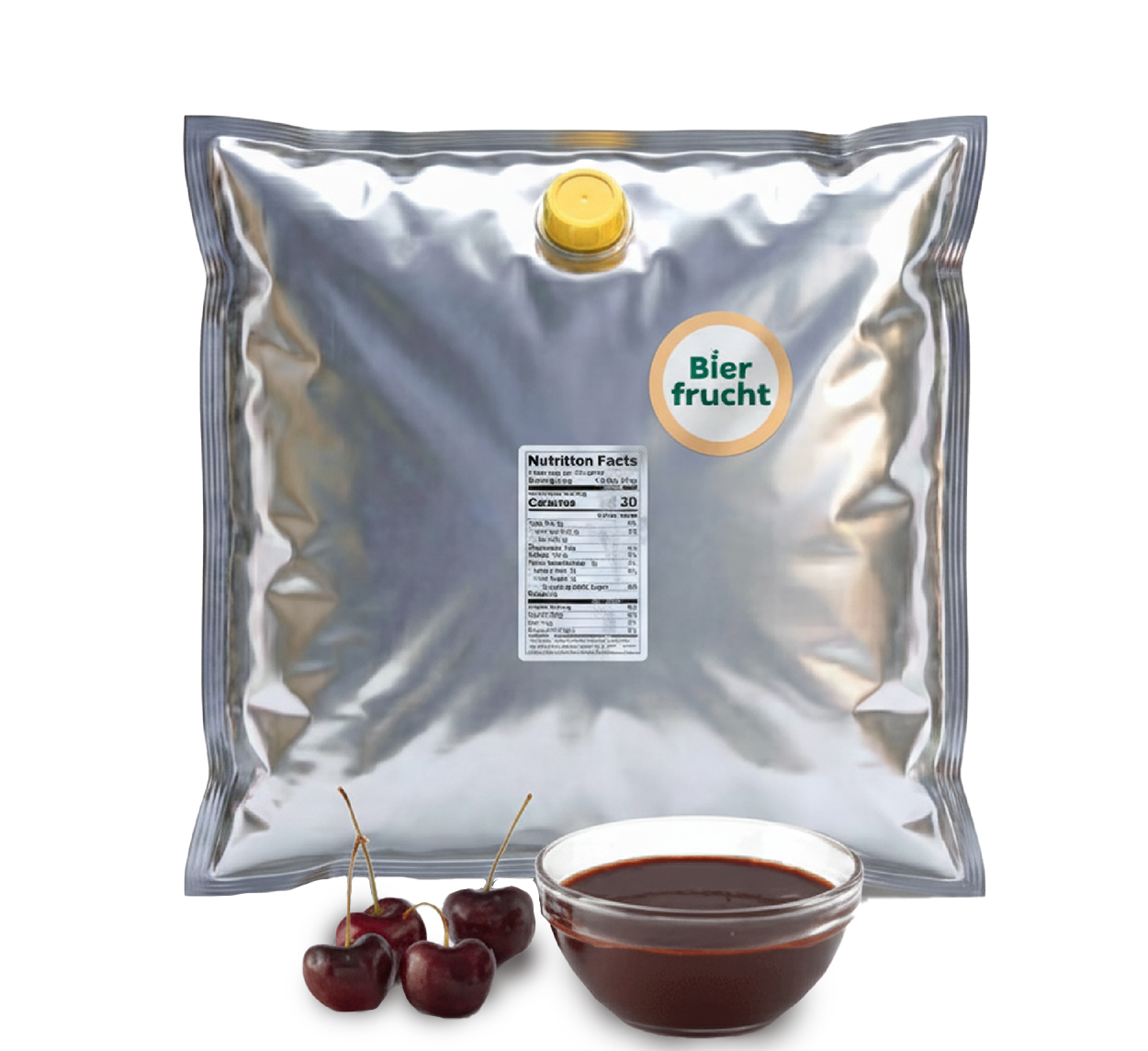 Sweet Cherry aseptic fruit puree in 44 lb packaging for breweries, hard seltzers, beverages, ice cream, sauces, desserts, and food manufacturing applications