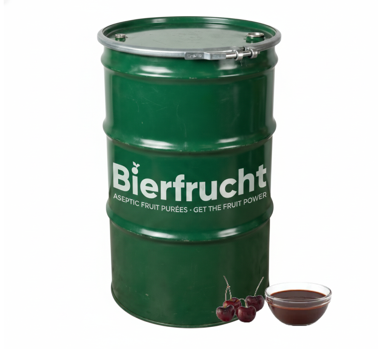 Sweet Cherry aseptic fruit puree in 485 lb packaging for breweries, hard seltzers, beverages, ice cream, sauces, desserts, and food manufacturing applications
