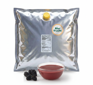 Blackberry aseptic fruit puree in 44 lb packaging for breweries, hard seltzers, beverages, ice cream, sauces, desserts, and food manufacturing applications