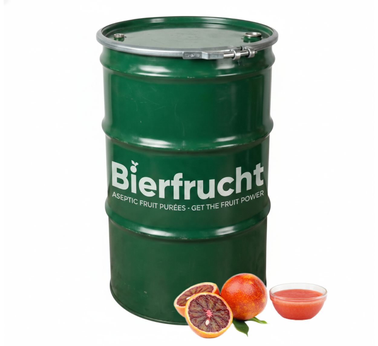 Blood orange aseptic fruit puree in 485 lb drum for breweries, beverages, ice cream, sauces, confectionery, and large-scale food manufacturing applications