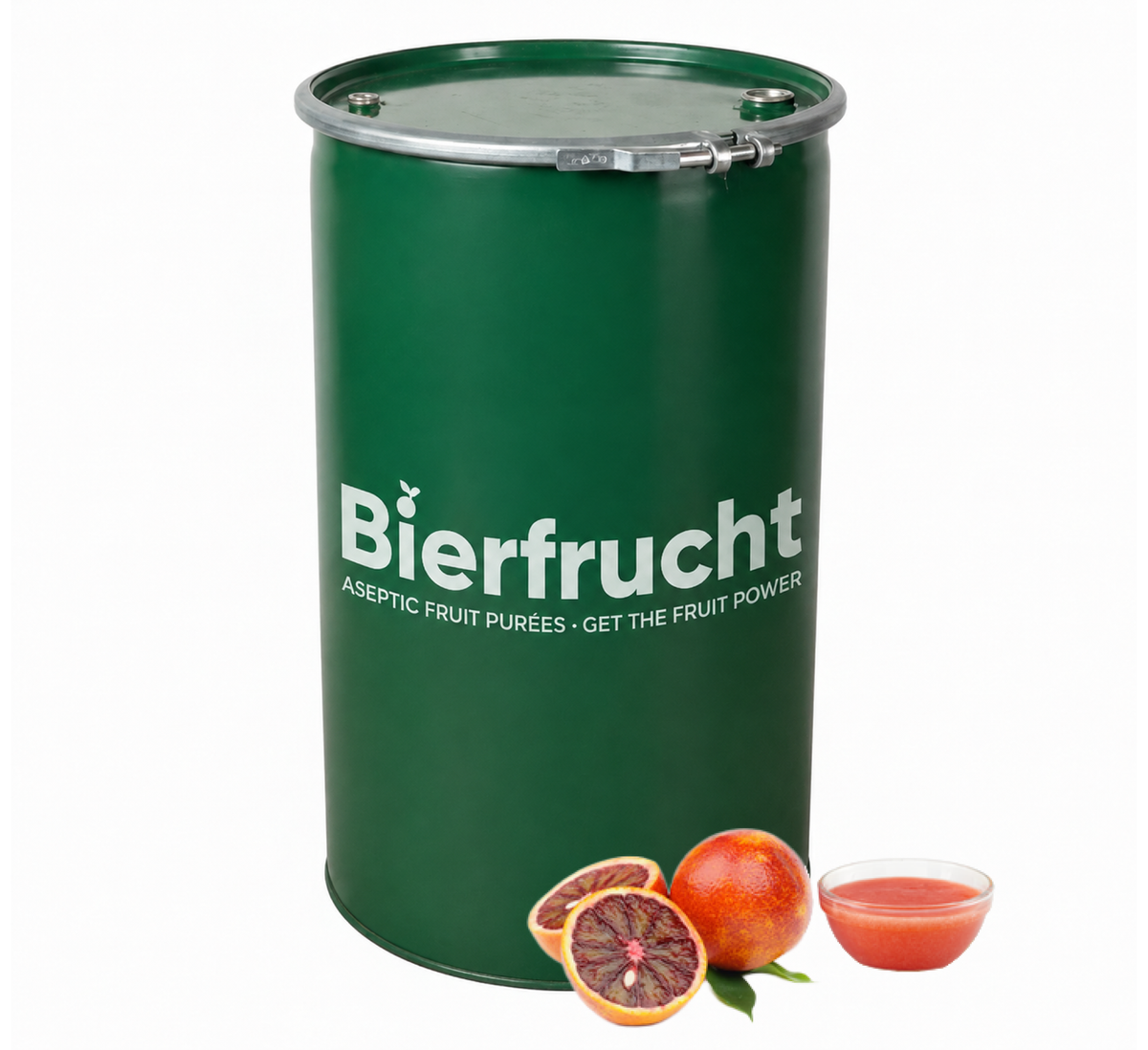 Blood orange aseptic fruit puree in 485 lb drum for breweries, beverages, ice cream, sauces, confectionery, and large-scale food manufacturing applications