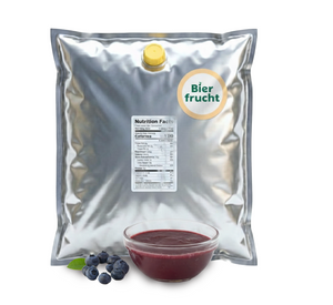 Blueberry aseptic fruit puree in 11 lb packaging for breweries, hard seltzers, beverages, ice cream, sauces, desserts, and food manufacturing applications