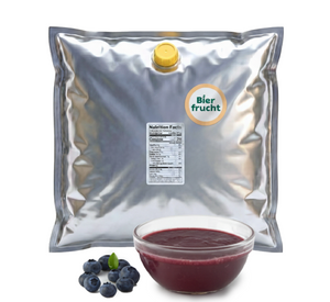 Blueberry aseptic fruit puree in 44 lb packaging for breweries, hard seltzers, beverages, ice cream, sauces, desserts, and food manufacturing applications
