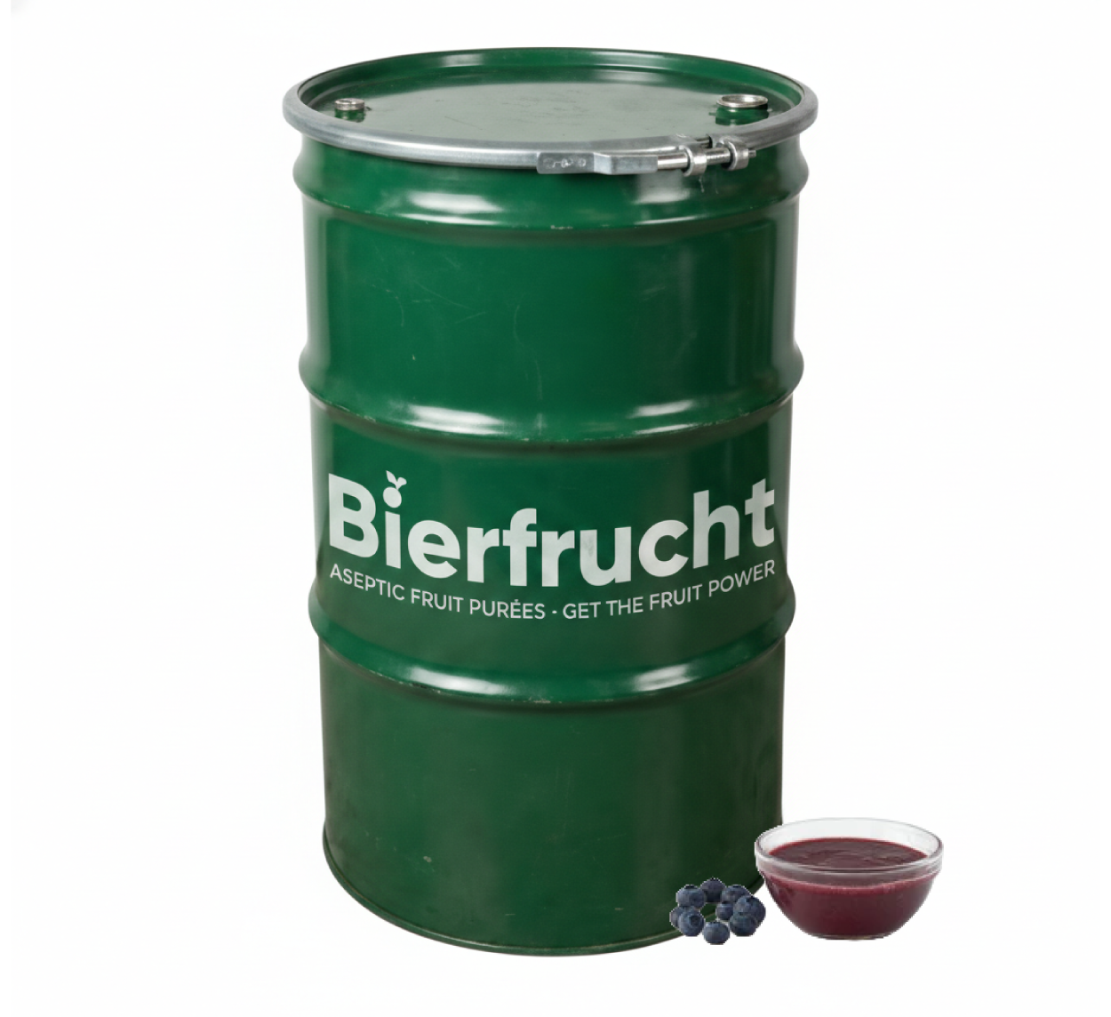 Blueberry aseptic fruit puree in 485 lb packaging for breweries, hard seltzers, beverages, ice cream, sauces, desserts, and food manufacturing applications