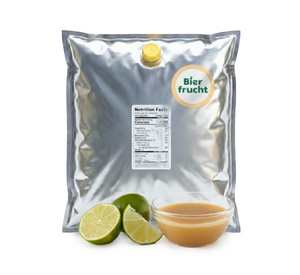 Lime aseptic fruit puree in 11 lb packaging for breweries, hard seltzers, beverages, ice cream, sauces, desserts, and food manufacturing applications