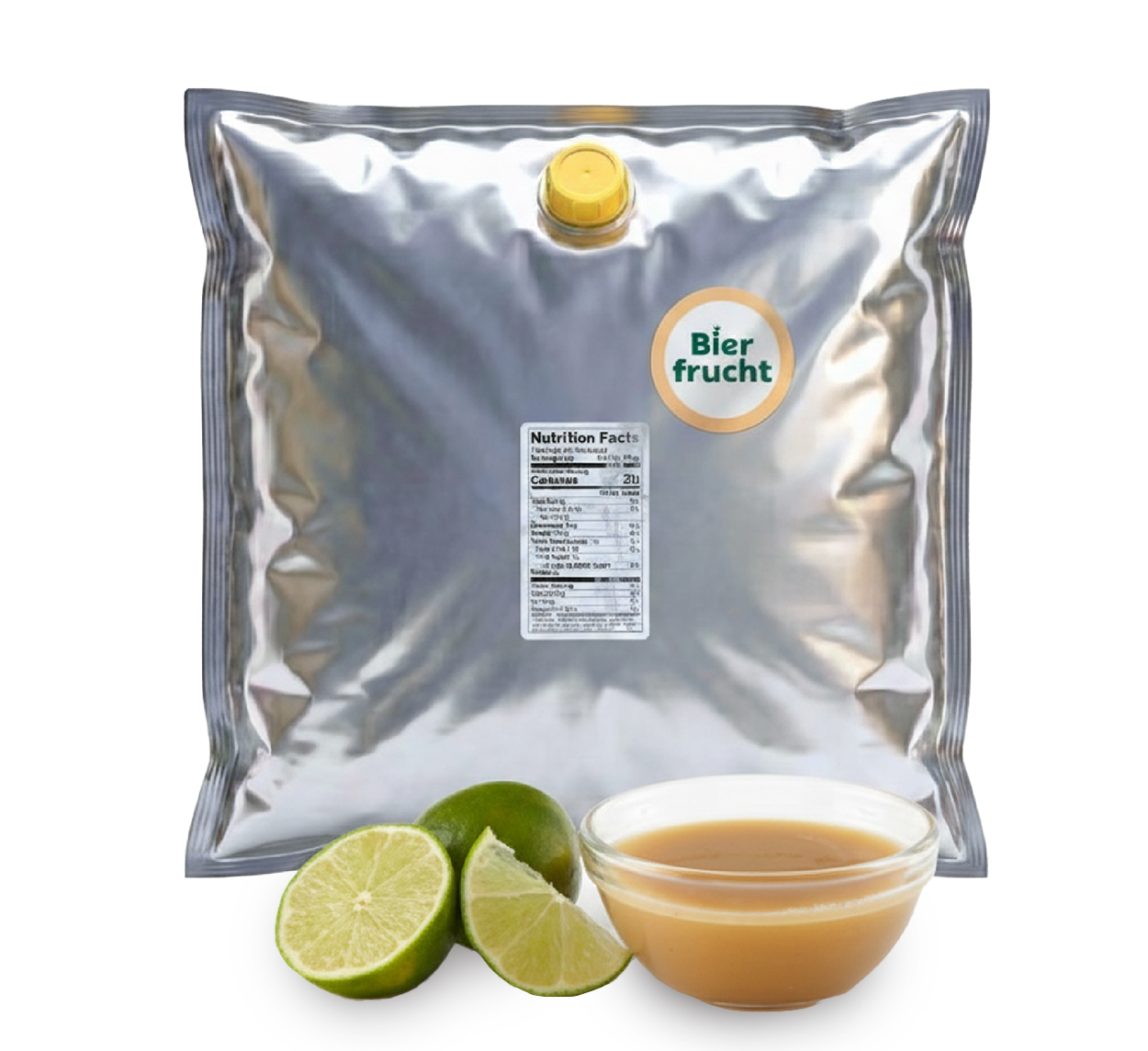 Lime aseptic fruit puree in 44 lb packaging for breweries, hard seltzers, beverages, ice cream, sauces, desserts, and food manufacturing applications