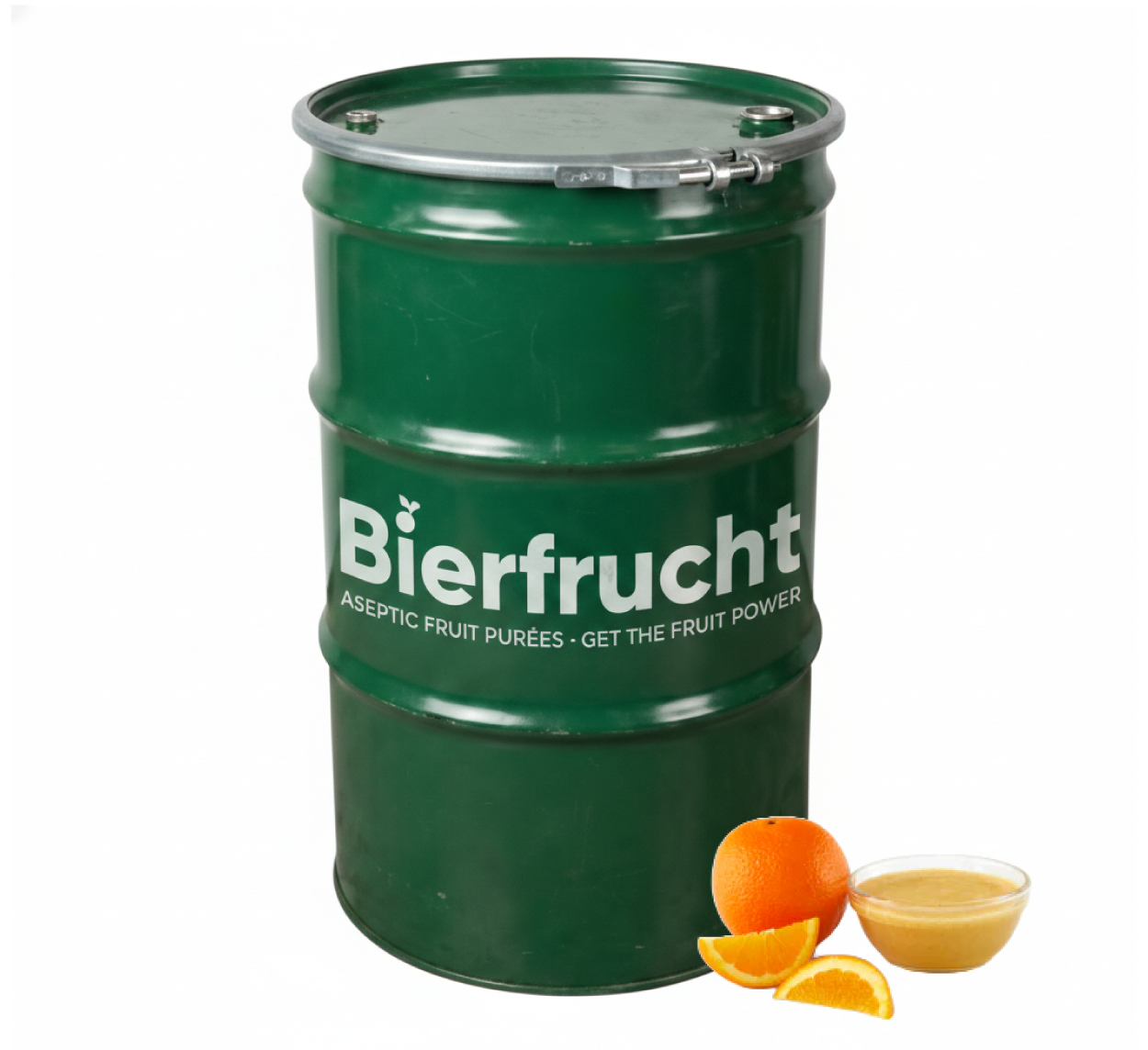 Orange aseptic fruit puree in 485 lb packaging for breweries, hard seltzers, beverages, ice cream, sauces, desserts, and food manufacturing applications