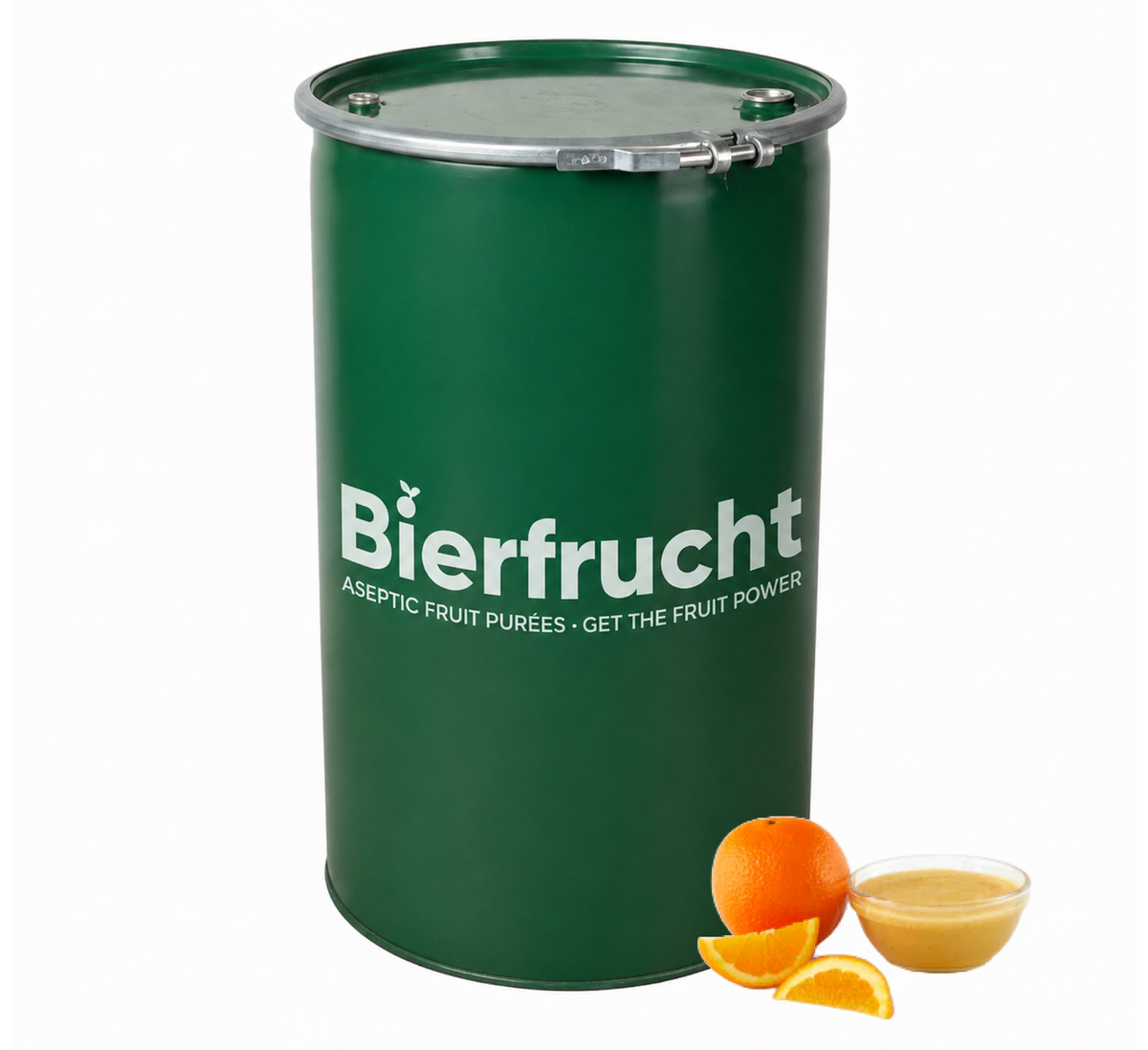 Orange aseptic fruit puree in 485 lb packaging for breweries, hard seltzers, beverages, ice cream, sauces, desserts, and food manufacturing applications