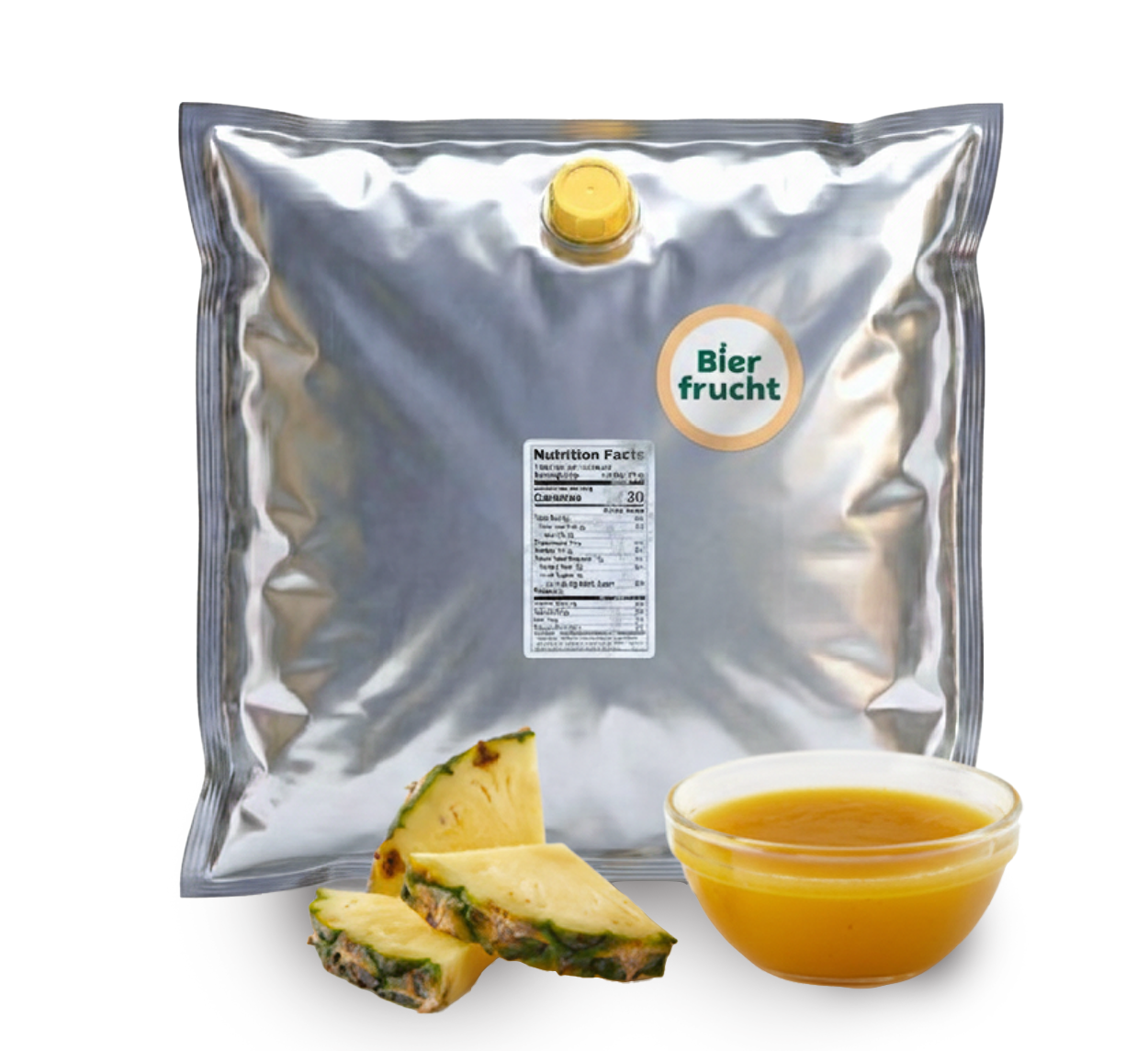 Pineapple aseptic fruit puree in 44 lb packaging for breweries, hard seltzers, beverages, ice cream, sauces, desserts, and food manufacturing applications