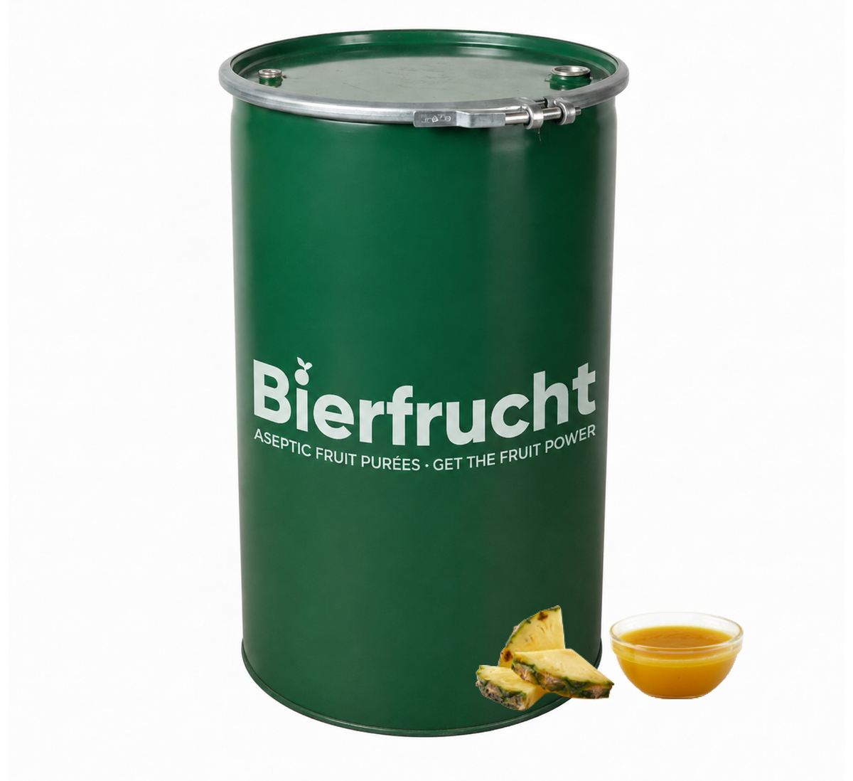 Pineapple aseptic fruit puree in 485 lb packaging for breweries, hard seltzers, beverages, ice cream, sauces, desserts, and food manufacturing applications