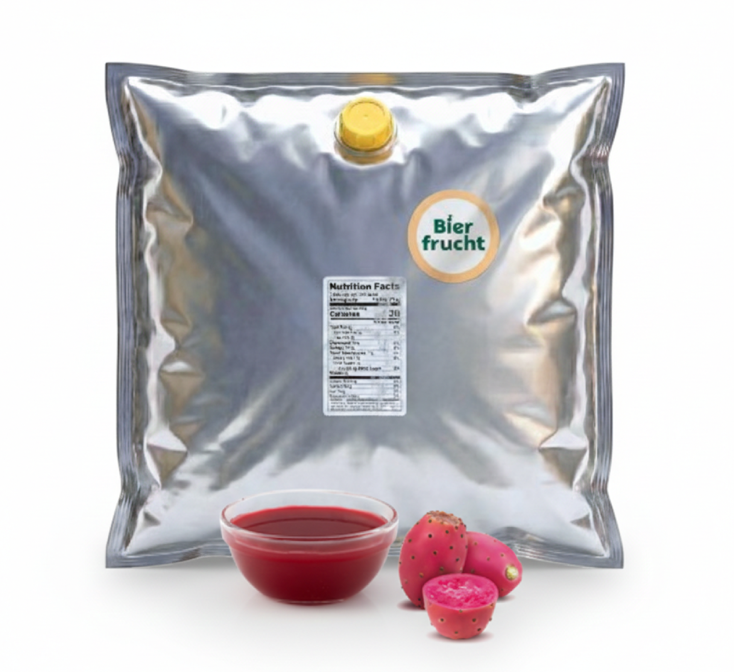 Red Prickly aseptic fruit puree in 44 lb packaging for breweries, hard seltzers, beverages, ice cream, sauces, desserts, and food manufacturing applications