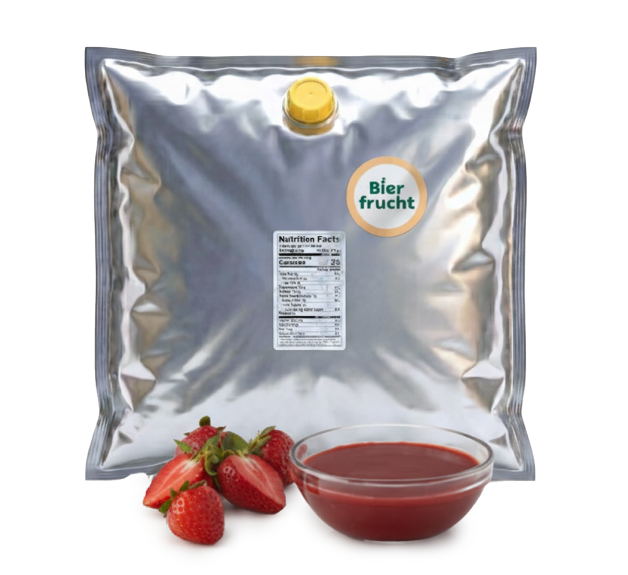 Strawberry aseptic fruit puree in 44 lb packaging for breweries, hard seltzers, beverages, ice cream, sauces, desserts, and food manufacturing applications