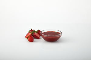 Strawberry aseptic fruit puree in packaging for breweries, hard seltzers, beverages, ice cream, sauces, desserts, and food manufacturing applications