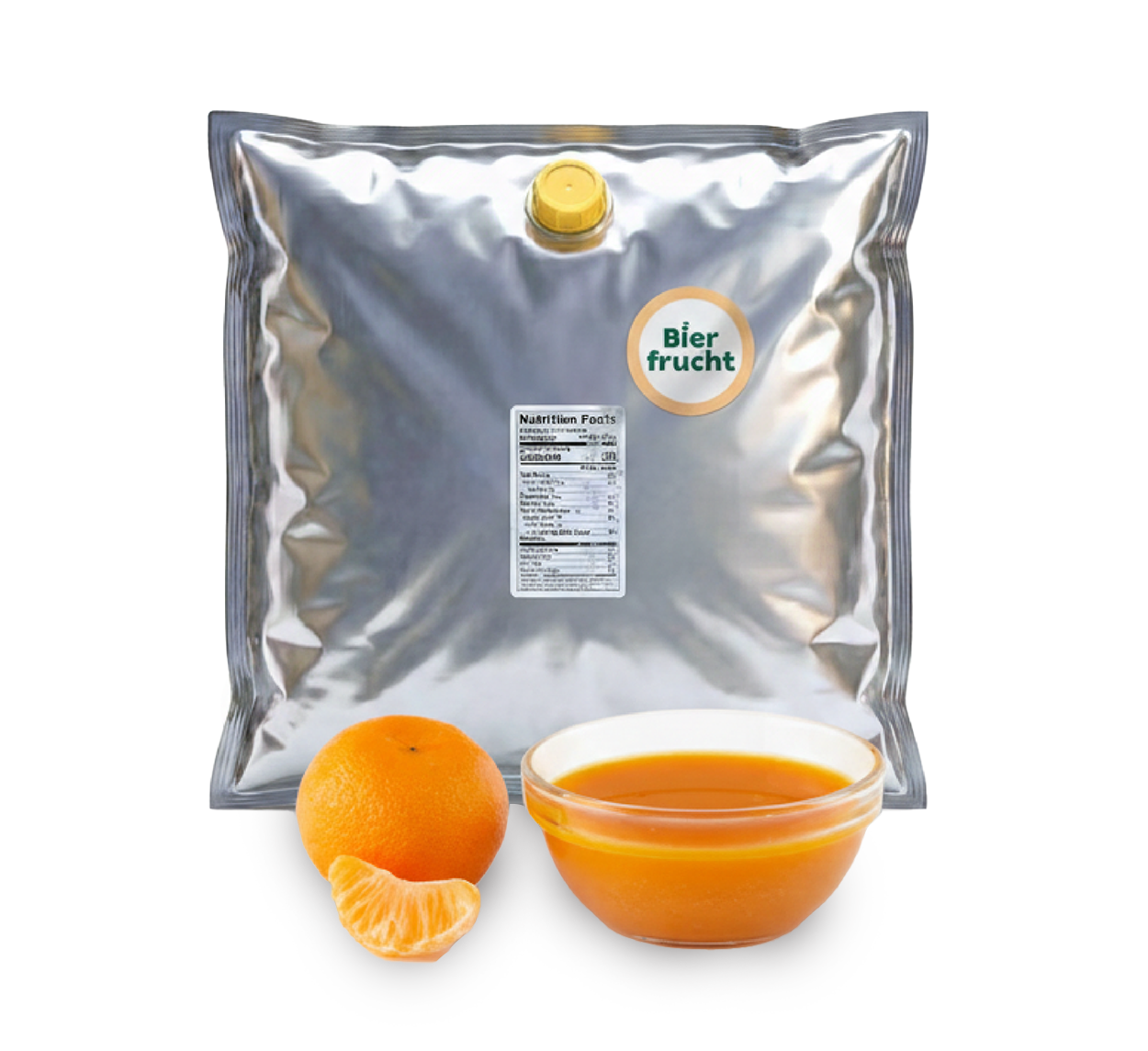 Tangerine aseptic fruit puree in 44 lb packaging for breweries, hard seltzers, beverages, ice cream, sauces, desserts, and food manufacturing applications