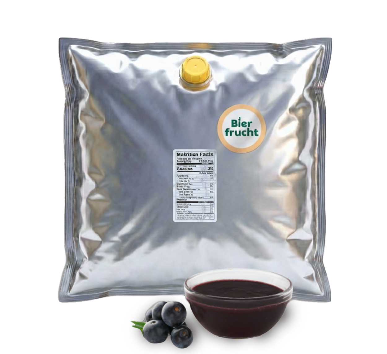 Acai aseptic fruit puree in 44 lb packaging for breweries, hard seltzers, beverages, ice cream, sauces, desserts, and food manufacturing applications
