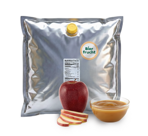 Apple aseptic fruit puree in 44 lb packaging for breweries, hard seltzers, beverages, ice cream, sauces, desserts, and food manufacturing applications