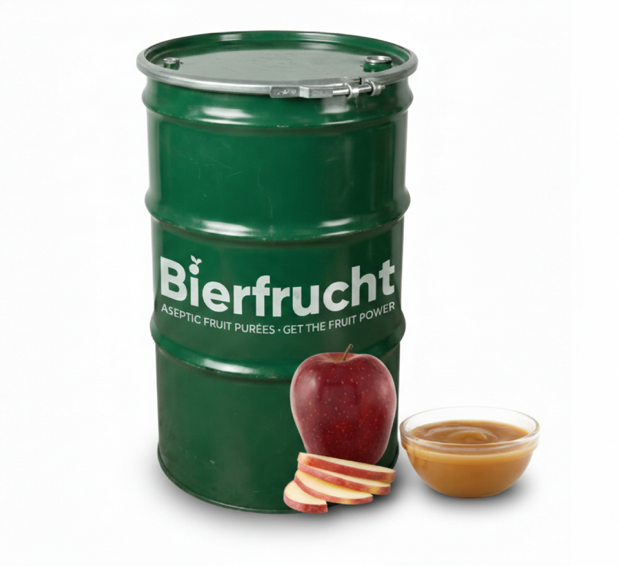 Apple aseptic fruit puree in 485 lb packaging for breweries, hard seltzers, beverages, ice cream, sauces, desserts, and food manufacturing applications