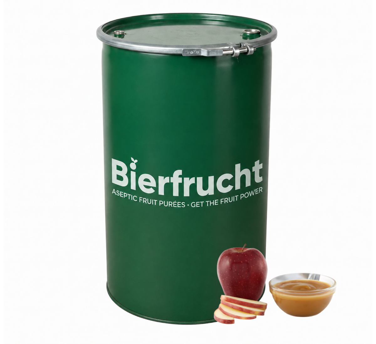 Apple aseptic fruit puree in 485 lb packaging for breweries, hard seltzers, beverages, ice cream, sauces, desserts, and food manufacturing applications