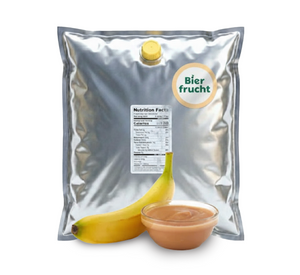 Banana aseptic fruit puree in 11 lb packaging for breweries, hard seltzers, beverages, ice cream, sauces, desserts, and food manufacturing applications