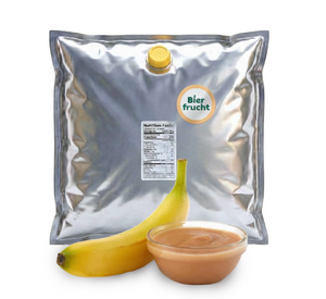 Banana aseptic fruit puree in 44 lb packaging for breweries, hard seltzers, beverages, ice cream, sauces, desserts, and food manufacturing applications