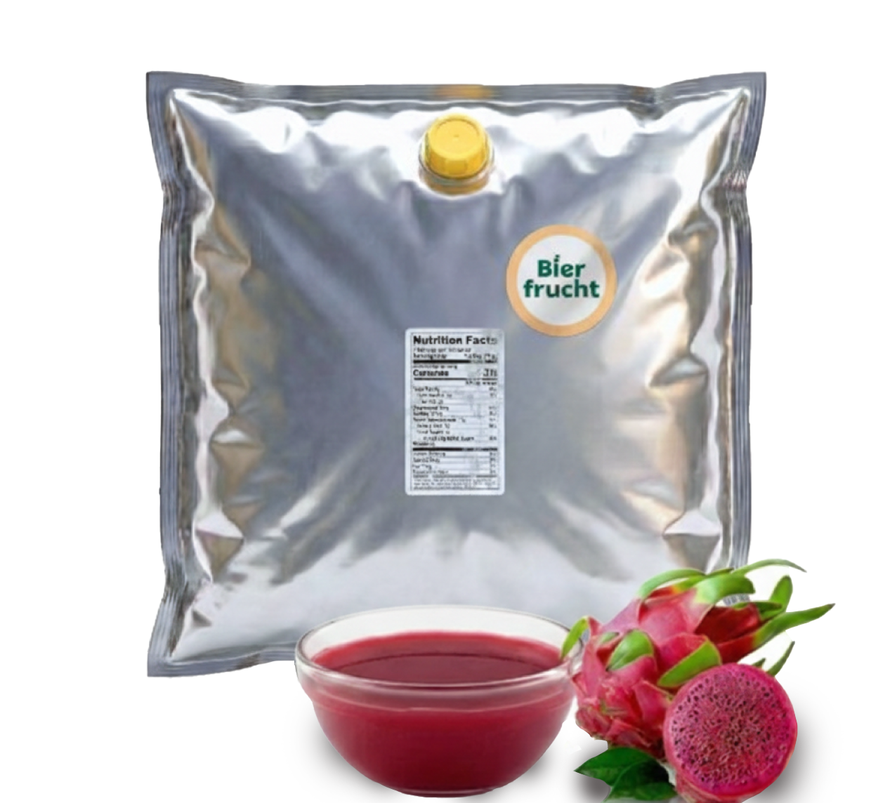 Dragon Fruit (Red) aseptic fruit puree in 44 lb packaging for breweries, hard seltzers, beverages, ice cream, sauces, desserts, and food manufacturing applications