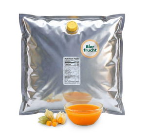 Goldenberry aseptic fruit puree in 44 lb packaging for breweries, hard seltzers, beverages, ice cream, sauces, desserts, and food manufacturing applications