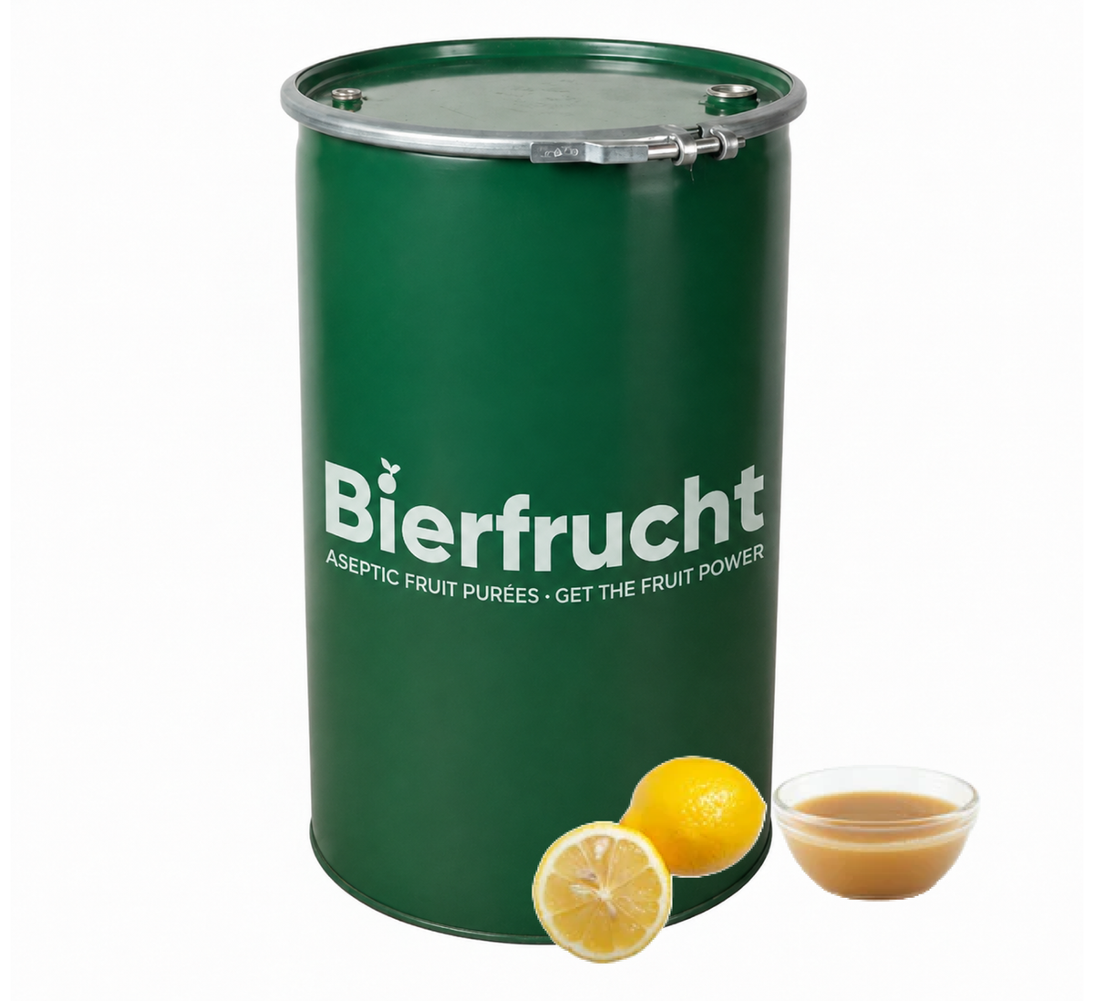 Lemon aseptic fruit puree in 485 lb packaging for breweries, hard seltzers, beverages, ice cream, sauces, desserts, and food manufacturing applications