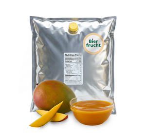 Mango aseptic fruit puree in 11 lb packaging for breweries, hard seltzers, beverages, ice cream, sauces, desserts, and food manufacturing applications