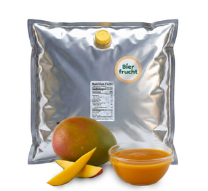 Mango aseptic fruit puree in 44 lb packaging for breweries, hard seltzers, beverages, ice cream, sauces, desserts, and food manufacturing applications