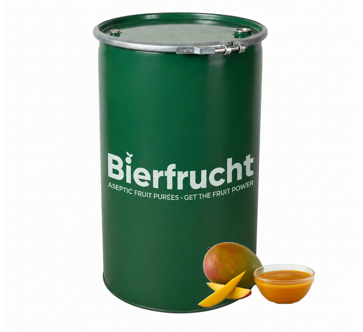 Mango aseptic fruit puree in 485 lb packaging for breweries, hard seltzers, beverages, ice cream, sauces, desserts, and food manufacturing applications