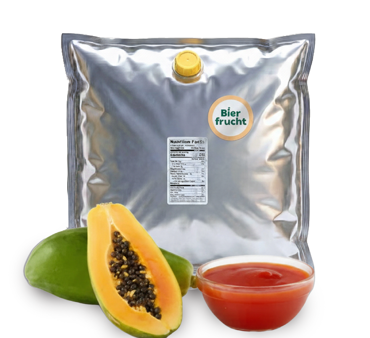 Papaya aseptic fruit puree in 44 lb packaging for breweries, hard seltzers, beverages, ice cream, sauces, desserts, and food manufacturing applications