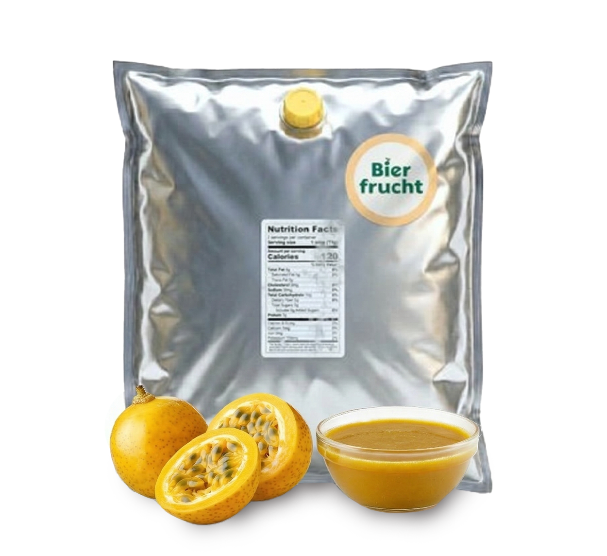 Passion fruit aseptic fruit puree in 11 lb packaging for breweries, hard seltzers, beverages, ice cream, sauces, desserts, and food manufacturing applications